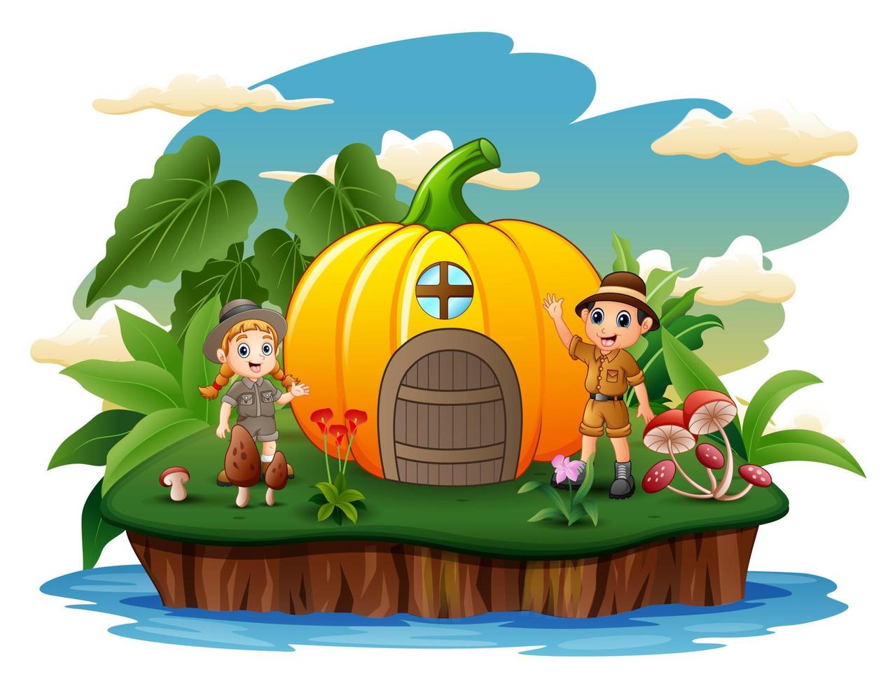 Cartoon die Pfadfinderkinder mit Kürbishaus auf der Insel vektor