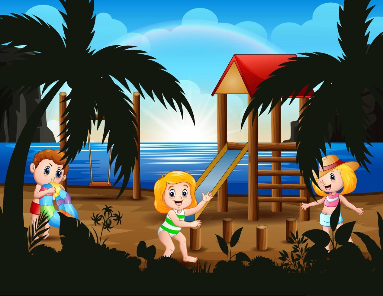 glada barn som leker på lekplatsen nära stranden vektor
