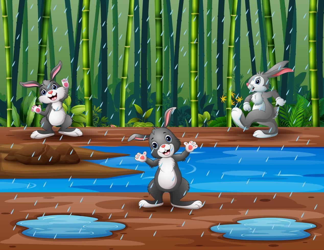 de tre kaninerna som leker under regnillustrationen vektor