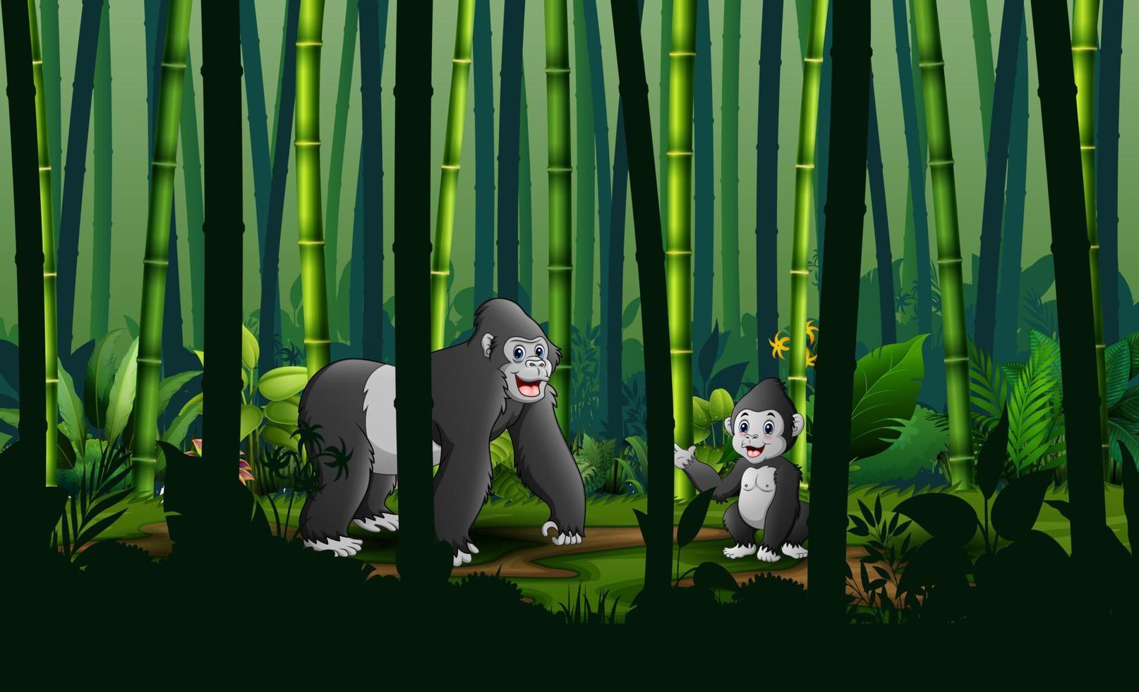 tecknad en gorilla med sin unge i bambuskog vektor