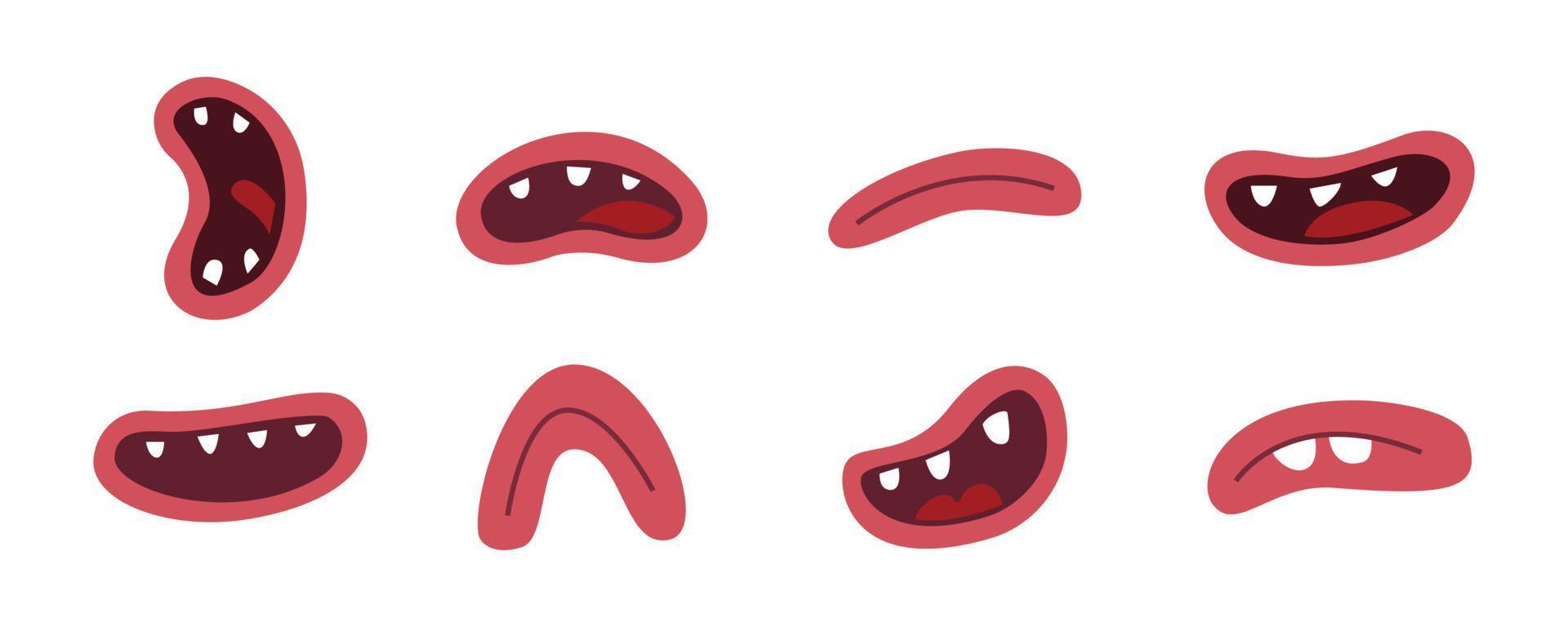 samling av söta monster mun. handritade tecknade munnar med tänder, på vit bakgrund. vektor illustration för karaktär design
