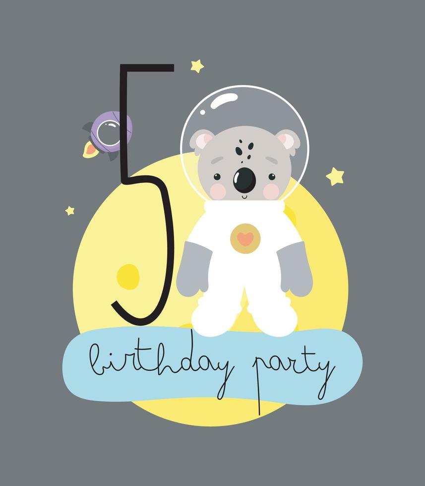 geburtstagsfeier, grußkarte, partyeinladung. kinderillustration mit niedlichem kosmonautenkoala und einer aufschrift fünf. Vektorillustration im Cartoon-Stil. vektor