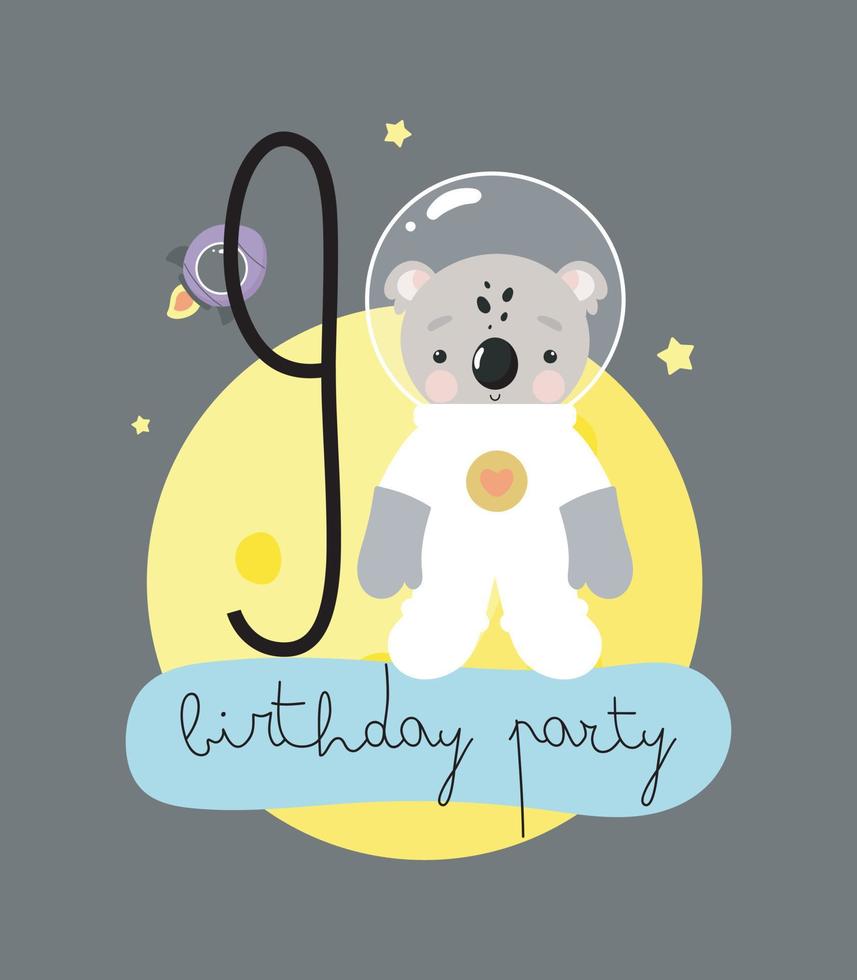 födelsedagsfest, gratulationskort, festinbjudan. barnillustration med söt kosmonautkoala och en inskription nio. vektor illustration i tecknad stil.