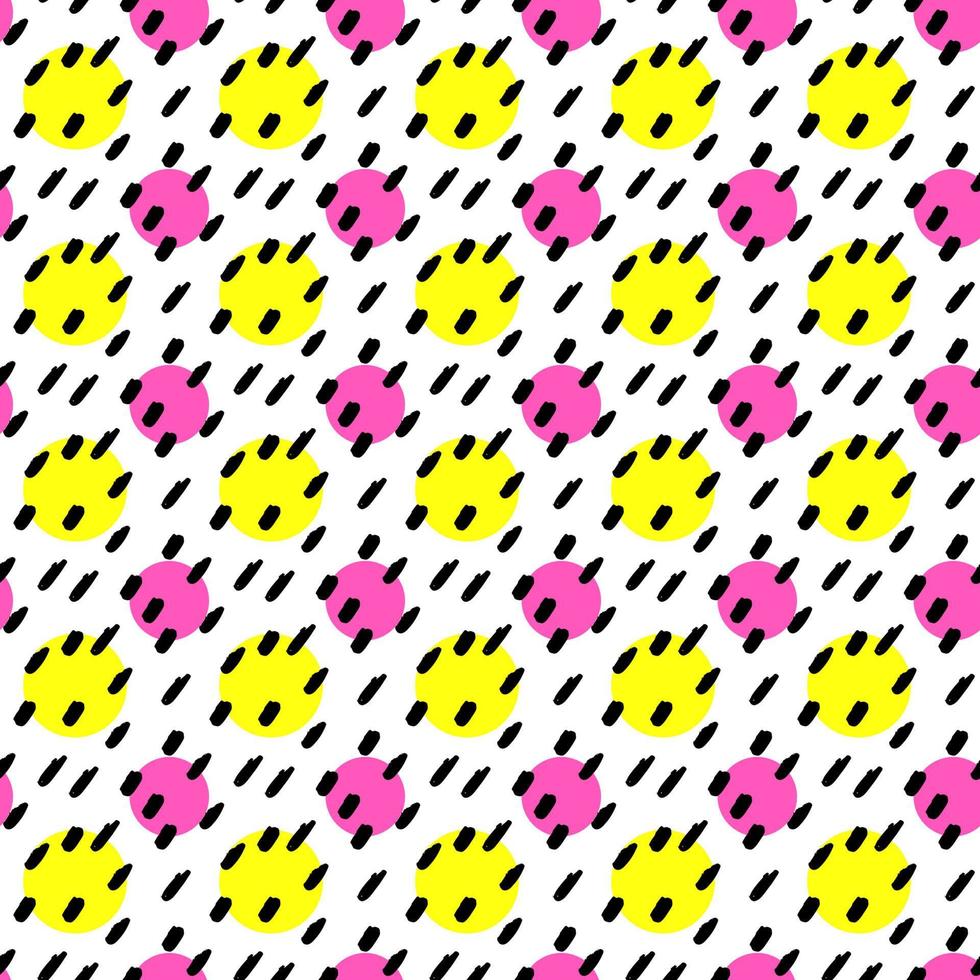 handgezeichneter schwarzer Pinselstrich mit nahtlosem Muster des gelben und lila Kreises. Muster im Memphis-Stil. abstrakter Hintergrund. vektor