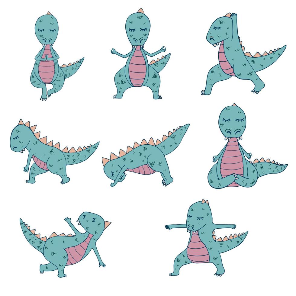 samlingar av dinosaurier i yoga asanas. set med handritad vektorillustration vektor