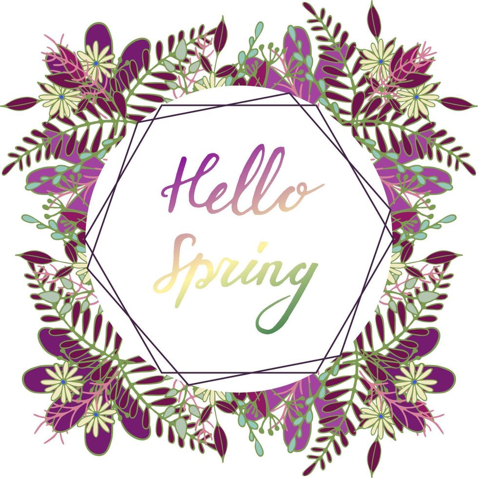 handritad ram med blomma och löv dekoration. hand bokstäver hälsningsfras hej våren. fyrkantig ram för hälsningar, säsongsförsäljning, affischer, reklam. vektor