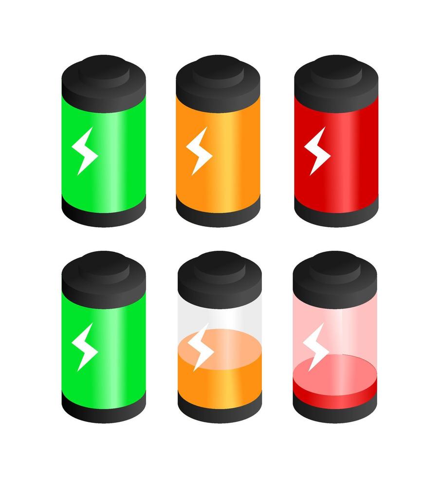 Batterie-Icon-Set 3D-Energieleistung isometrisch mit Farbverlauf zeigen volle leere grüne orange und rote Röhrenladung für Industrie-Business-Illustration oder grafische Elemente vektor