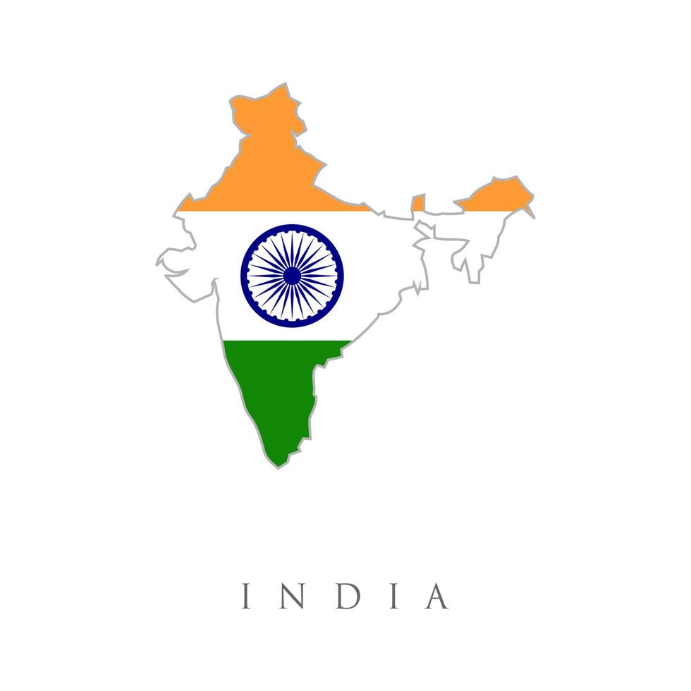 Vektorkarte von Indien gefüllt mit der Flagge des Landes, isoliert auf weißem Hintergrund. Karte der Republik Indien in den Farben der indischen Flagge. Trikoloren mit Asoka-Rad vektor
