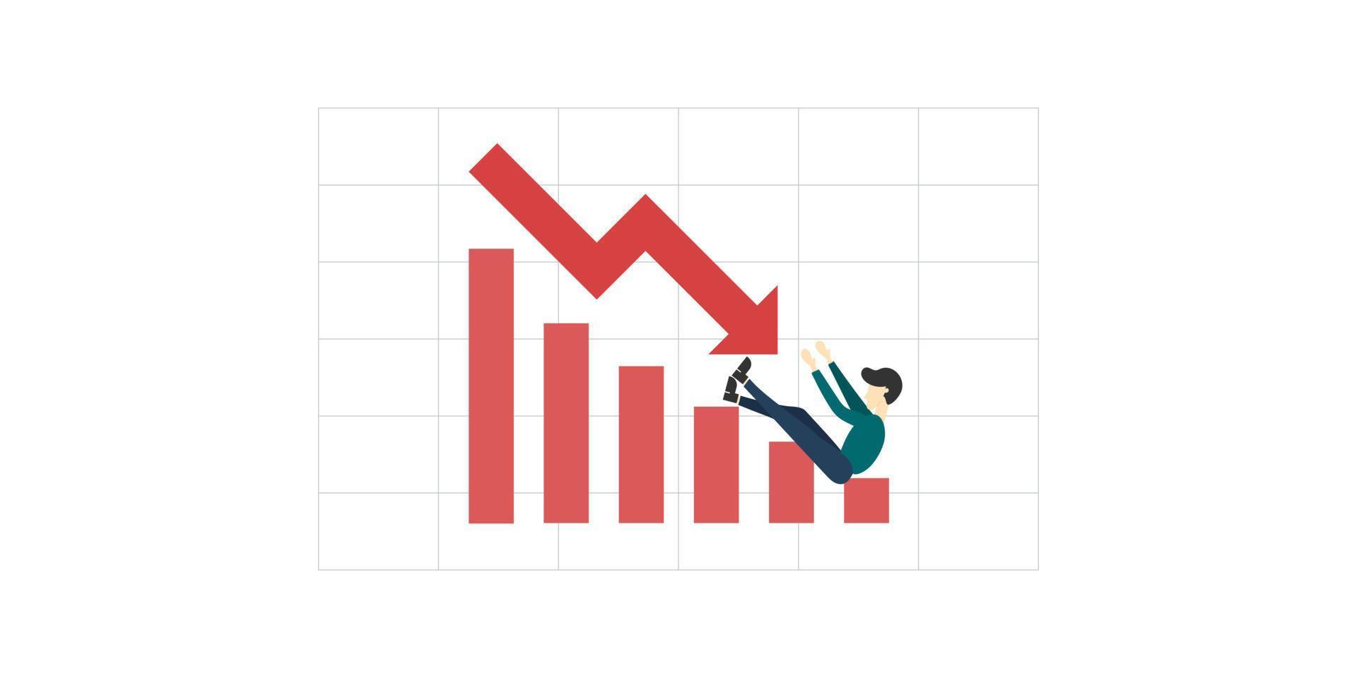 ekonomisk kritisk kris koncept. affärsmannen faller röd graf faller ner och diagram. finansiell recession, kryptovaluta, guld och aktiemarknaden. förlora pengar och kontanter. vektor