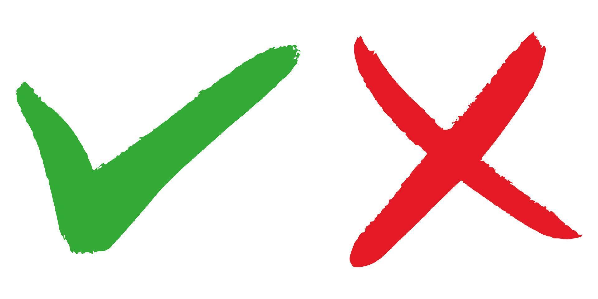 rätt och fel ikon. handritad av grön bock och rött kors isolerad på vit bakgrund. vektor illustration.