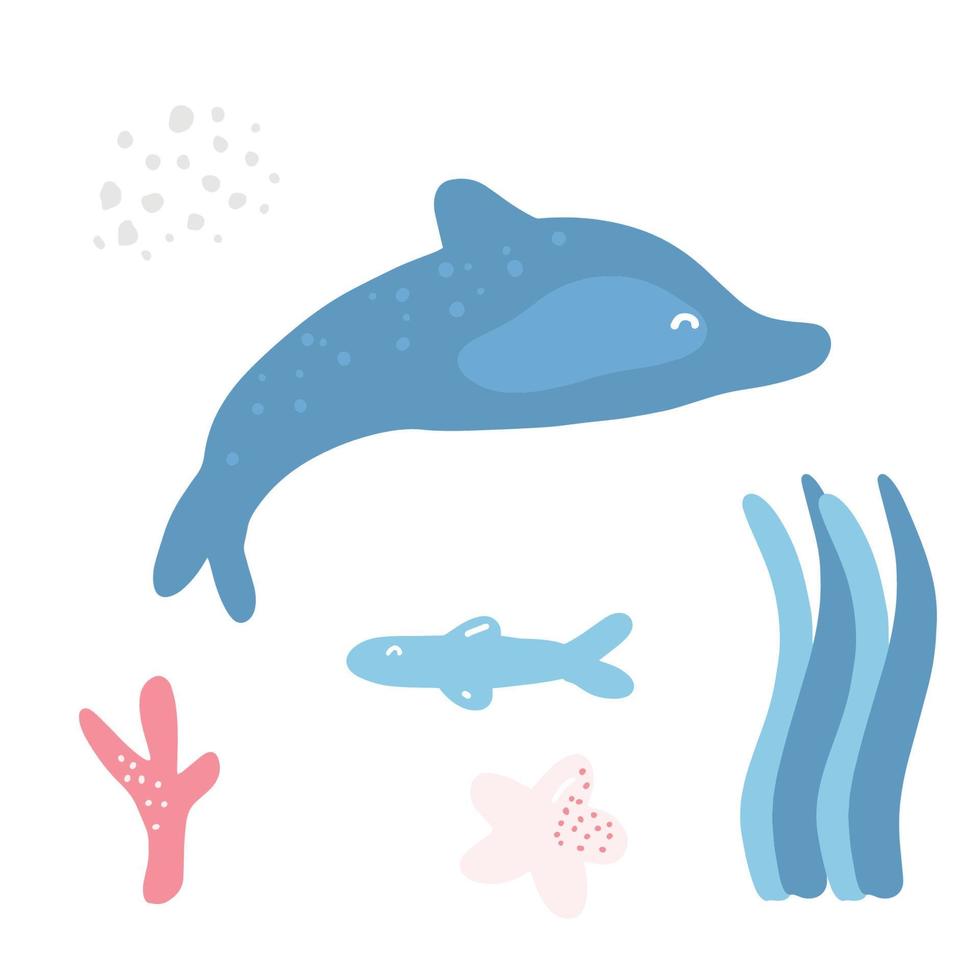 Delphine, Korallen, Algen, Seesterne. Abbildung des Meereslebens. süße Zeichentrickfigur. farbenfrohes Kinderzimmer für Kinder nautisches Designelement vektor