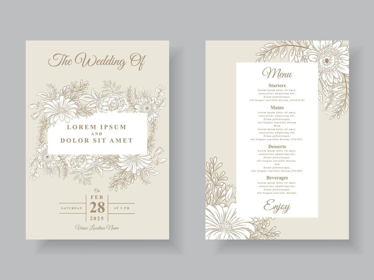 minimalistiska bröllopsinbjudningar kort blommig linjekonst vektor