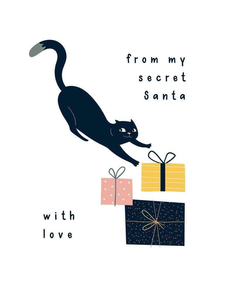 svart katt med presenter. jul och nyår illustration, gratulationskort vektor