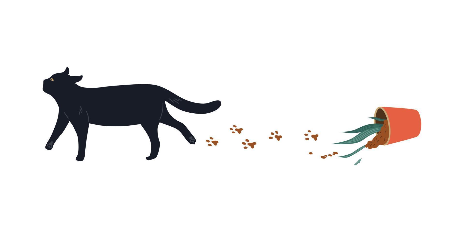 Schwarze Katze ließ den Blumentopf fallen. Vektor süße Haustiere Charakterdesign. Cartoon-Illustration