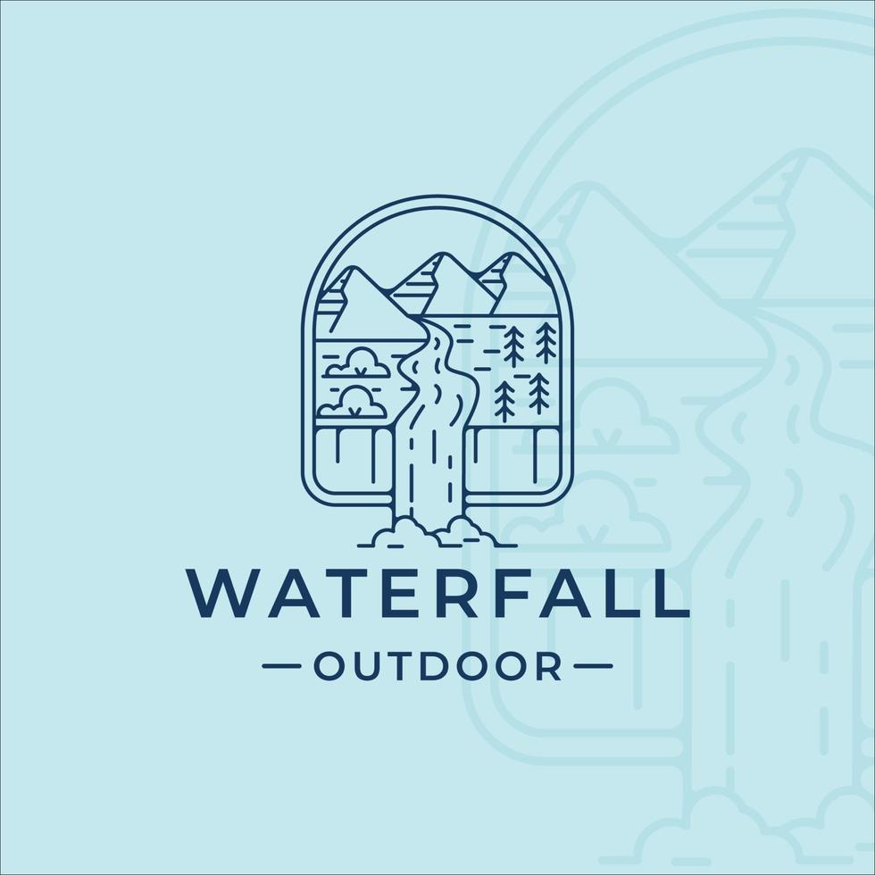Wasserfall im Freien Logo Linie Kunst Vektor Illustration Vorlage Symbol Grafikdesign. einfacher minimalistischer natur- und abenteuerlogo mit abzeichenemblem