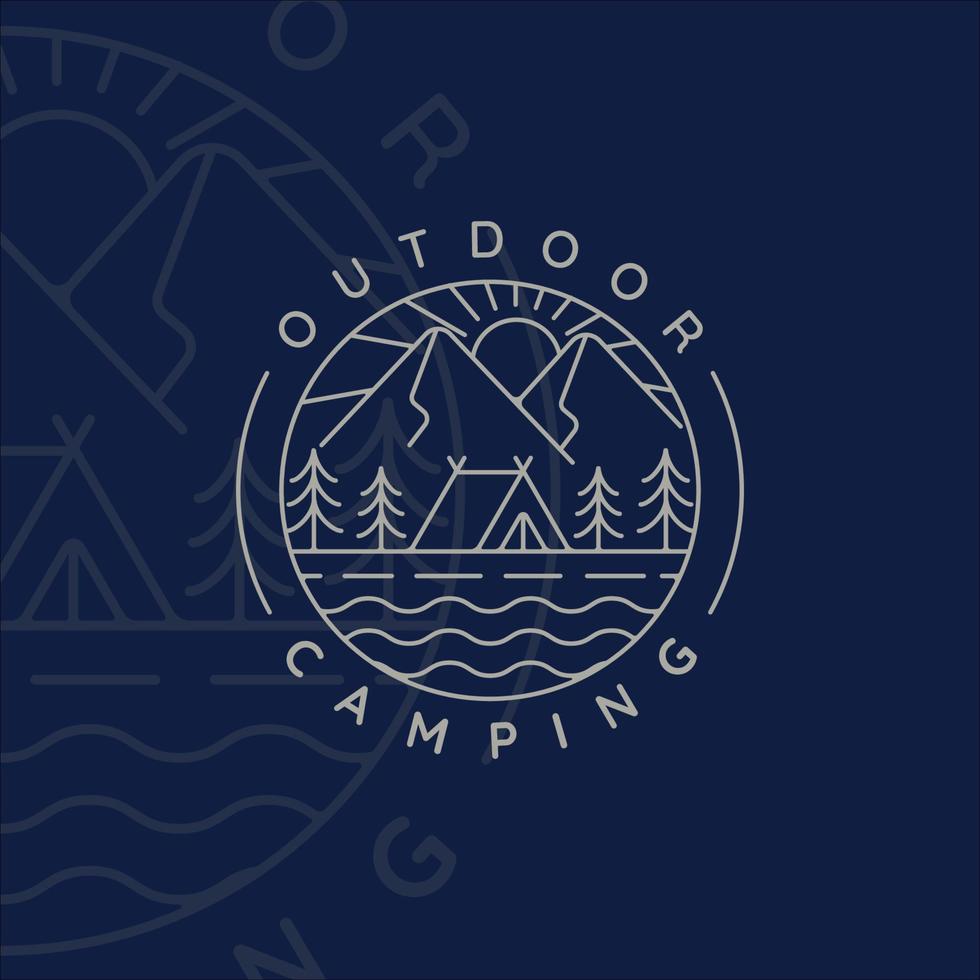 Camping Logo Strichzeichnungen einfache minimalistische Vektor Illustration Vorlage Icon Design. Abenteuer- und Wanderlust-Symbol für Aktivitäten im Sommercamp im Freien mit Abzeichen-Konzept