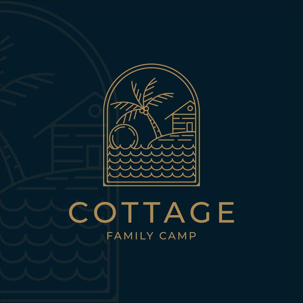 Cottage oder Cabin Line Art einfaches minimalistisches Vektor-Logo-Illustrationsdesign. Abzeichen Häuschen am Strand und Palm Tree Family Camp Strichzeichnungen minimalistisches Vektor-Logo-Konzept-Symbol einfaches Design vektor