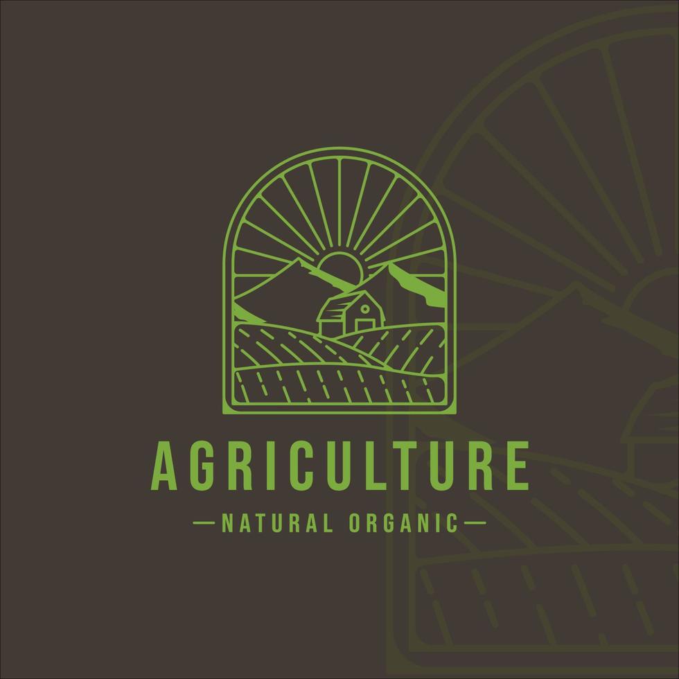 Scheune Bauernhof Logo Strichzeichnungen Vintage Vektor Illustration Vorlage Symbol Grafikdesign. Landwirtschaft Landschaft Bergblick mit Abzeichen