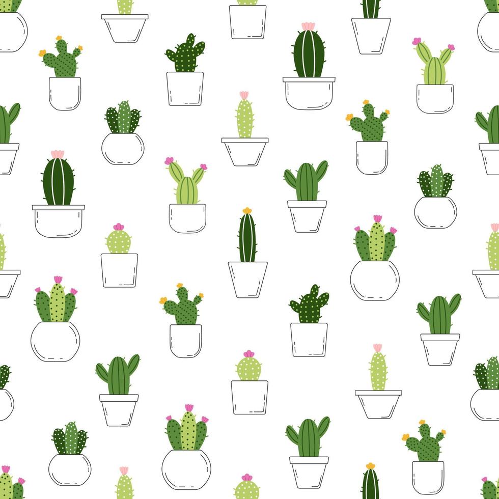 vektor sömlösa tropiska mönster med handritade i tecknad stil ljusa och roliga blommande kaktusar i blomkrukor på en vit bakgrund