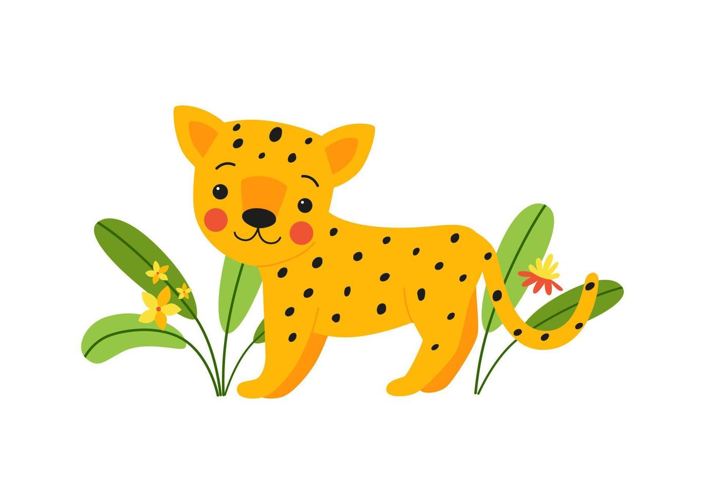 liten babyleopard står i gräset i regnskogen vektor