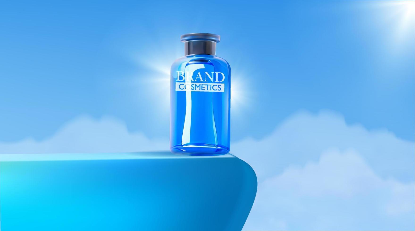 kosmetikproduktanzeigen auf blauem podium mit hintergrund des klaren himmels mit wolken. anzeigeproduktanzeige und websiteschablone. vektor