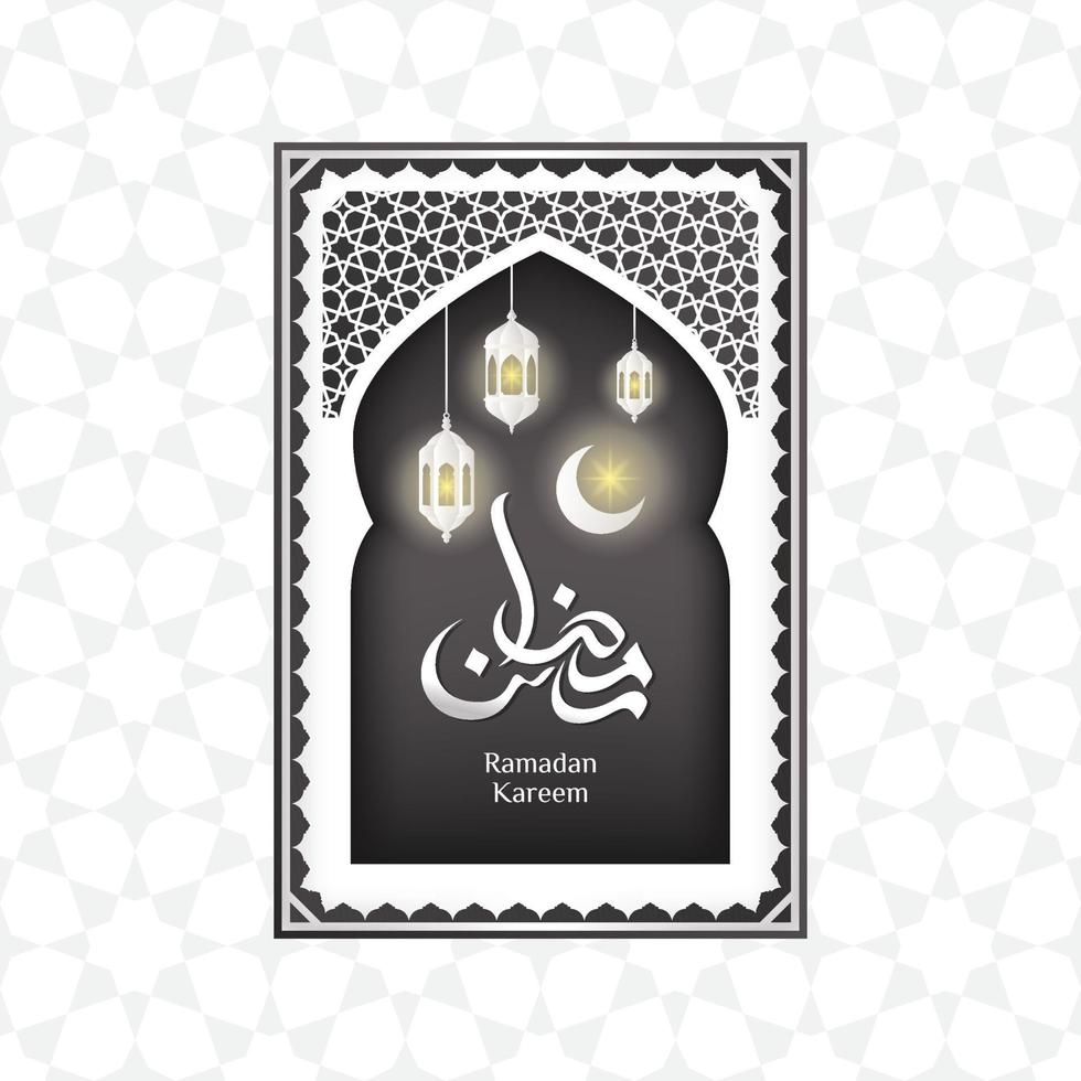ramadan gratulationskort med halvmåne i moskéfönster och arabisk prydnad vektor