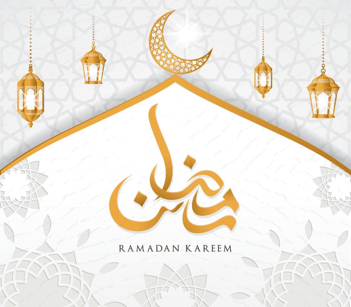 ramadan kareem islamisches design moscheekuppel und halbmond mit arabischem muster und kalligrafie vektor