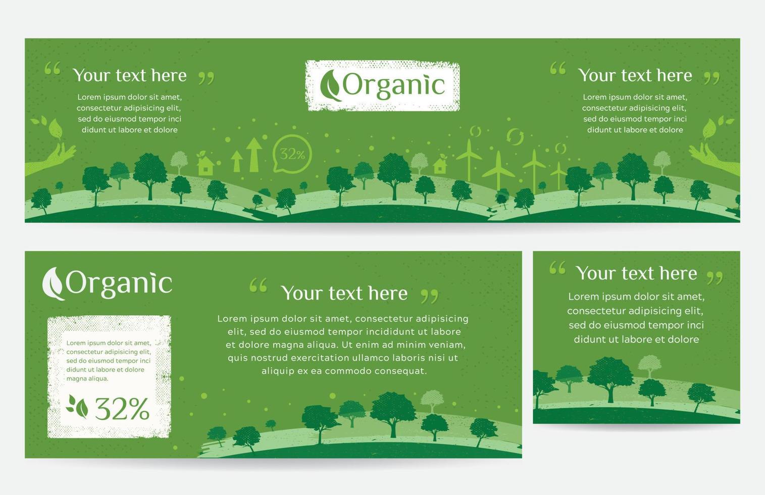 Vektorset aus Natur, Ökologie, Bio, Umweltbannern. Web-Banner mit sauberer grüner Umgebung im Grunge-Stil vektor