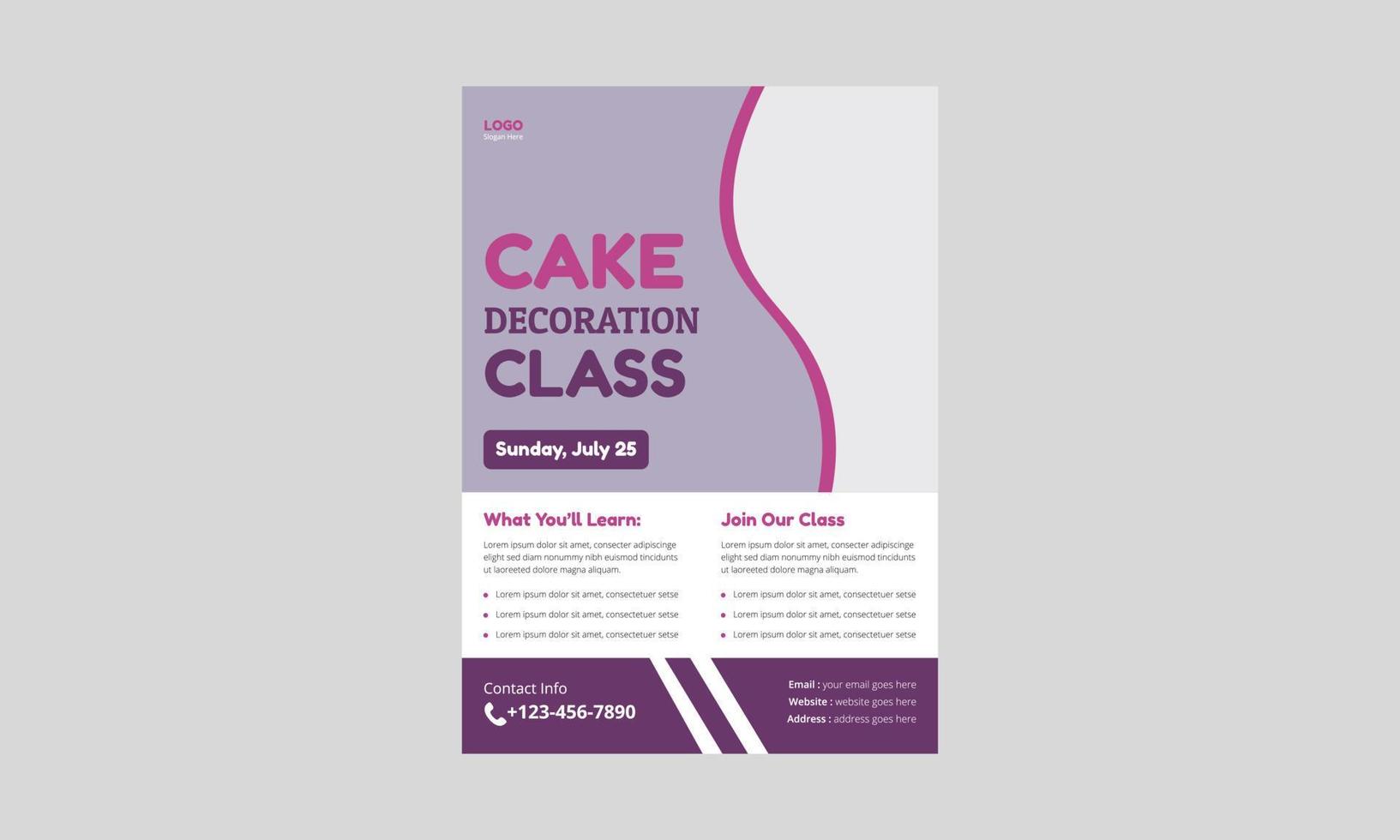 Flyer-Design der Kuchendekorationsklasse. Schablonenvektordesign für Kuchendekoration. cover, a4-größe, broschürenplakatdesign, flyerdesign. vektor