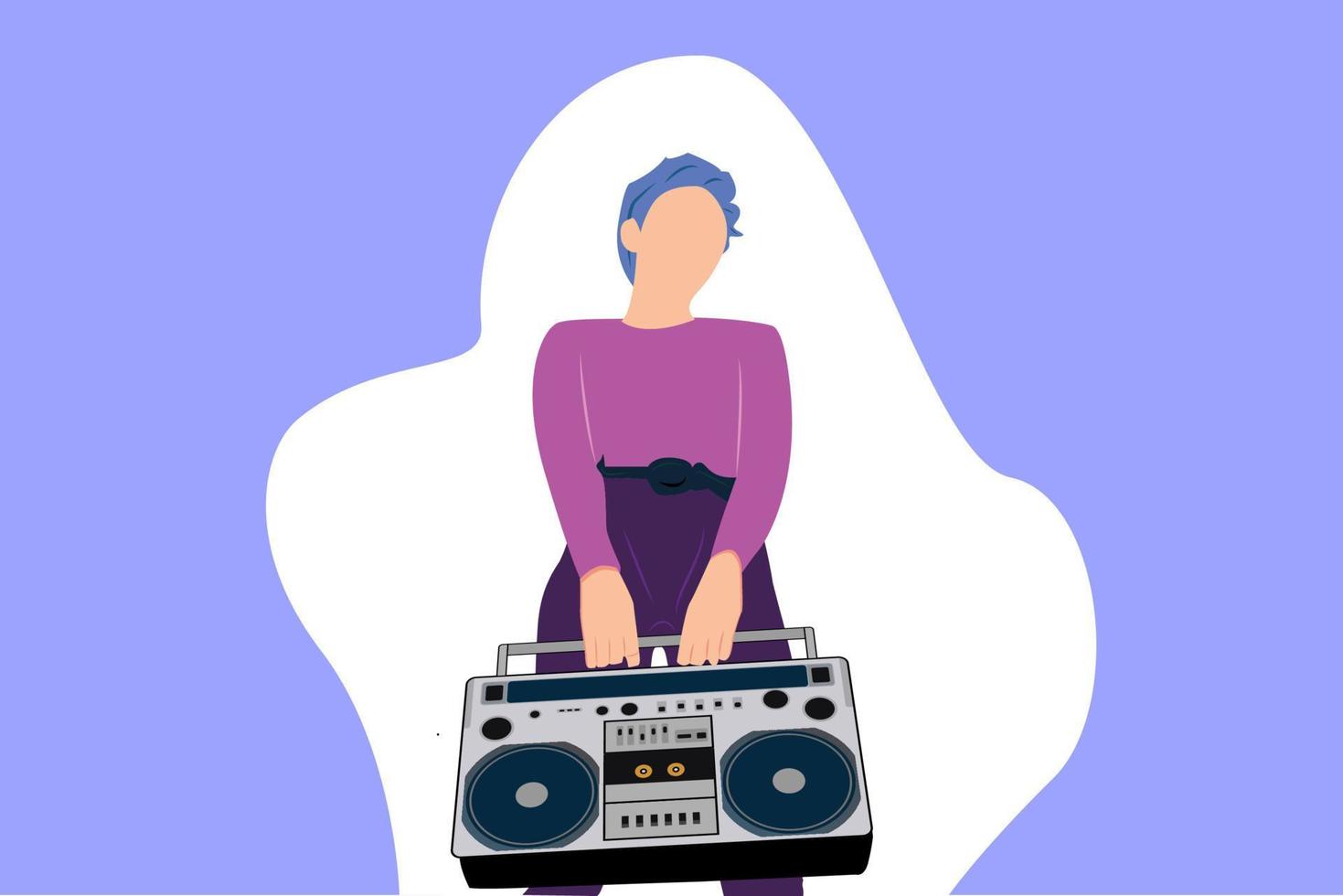 Flache Illustration Boombox mit Mädchen, das 90er Jahre Vibe steht, isoliert auf einem blau-weißen und violetten Hintergrund. geeignet für diejenigen, die den klassischen 90er-Stil mögen, Geschäftsleute, Liebhaber des Retro-Stils und dergleichen vektor