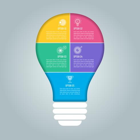 Lightbulb infographic design affärsidé med 5 alternativ, delar eller processer. vektor