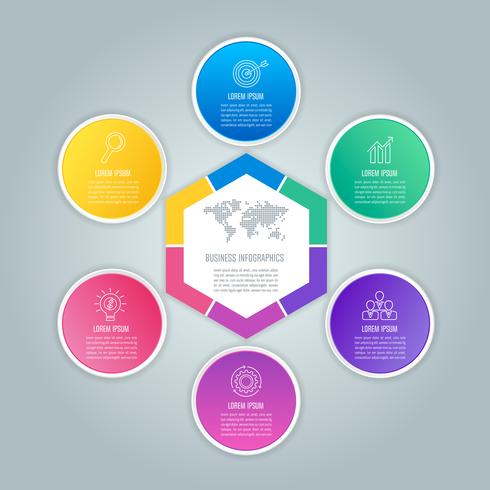 Infographic Design-Geschäftskonzept des Hexagons und der Kreise mit 6 Wahlen vektor