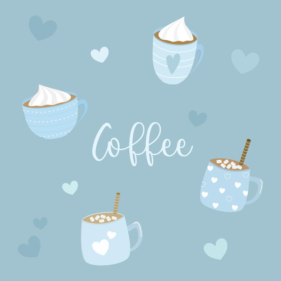 vektor - nette 4 heiße kaffee- oder schokoladentasse, schlagsahne und viele herzen. schönes Bild. blaue Farbe. Clip Art. kann verwendet werden, um jedes Web, Aufkleber, Symbol, Logo, Banner, Aufkleber zu dekorieren.