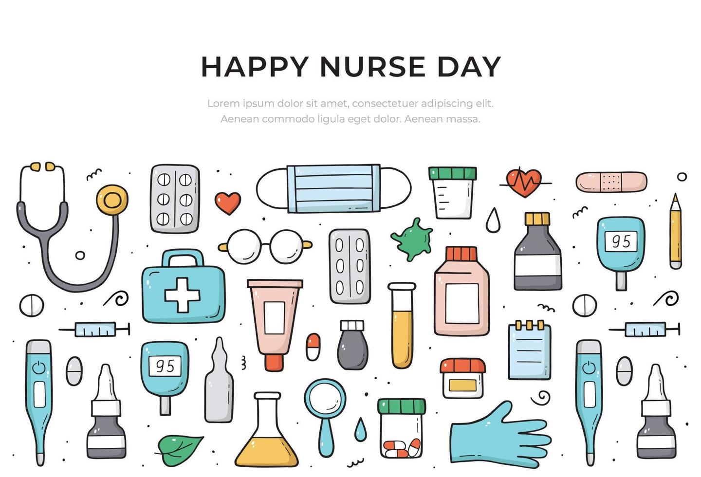 Happy Nurse Day Website-Banner-Vorlage in Farbe. medizinisches und gesundheitskonzept. Doodle-Sketch-Stil. Vektor-Kompositionsdesign. vektor