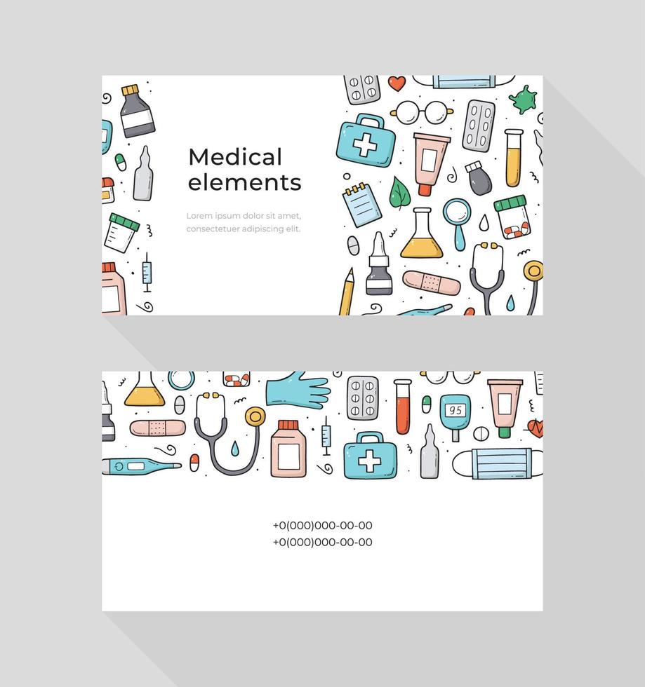 Vorlage für medizinische Visitenkarten. Konzept Gesundheitswesen. handgezeichnete elemente und objekte der medizin. Doodle-Sketch-Stil. moderne einfache Illustration. vektor