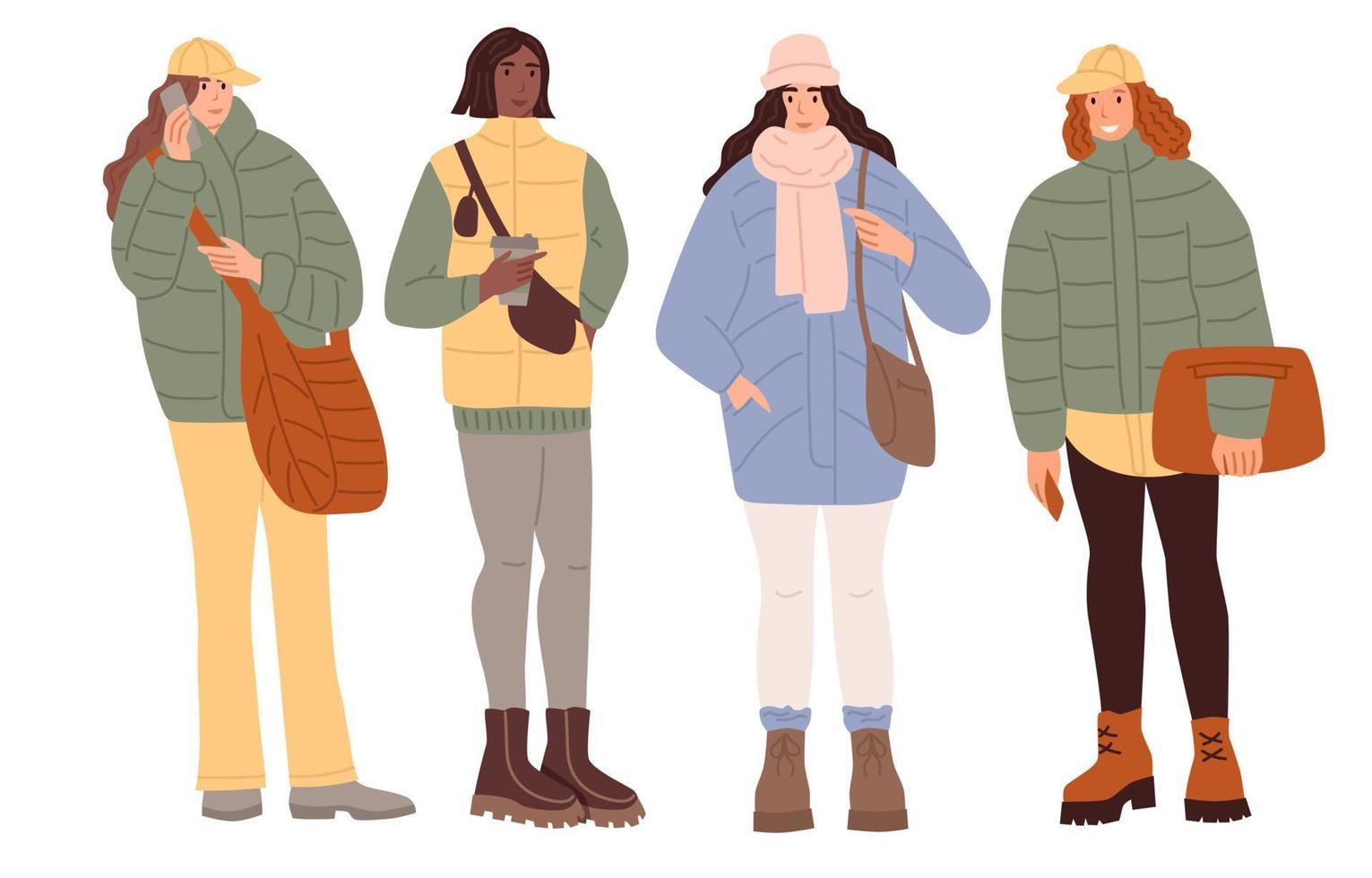 en ung kvinna i vinterkläder. street style tjej. stiliga människor i moderiktiga kläder. platt vektorillustration vektor