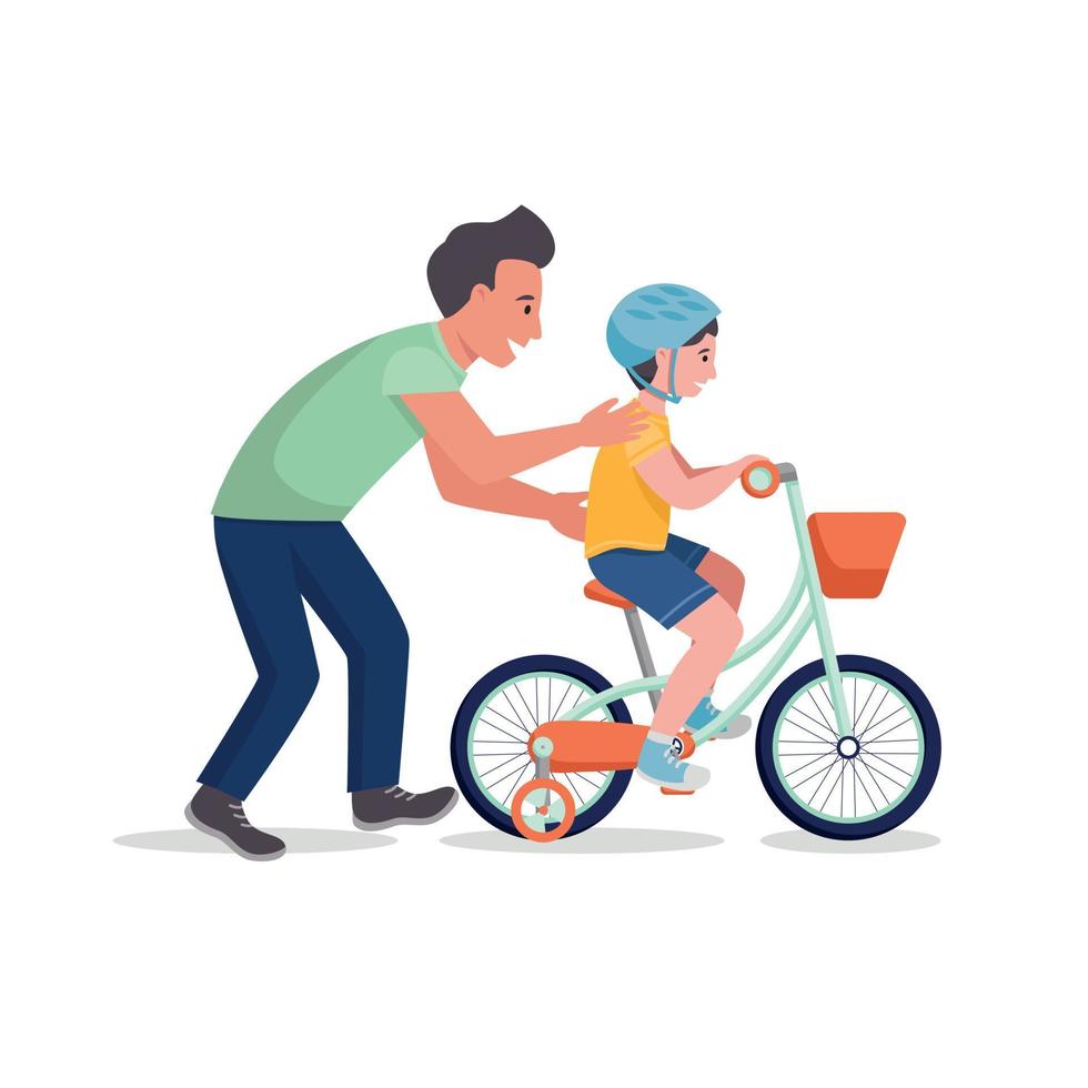 Vater bringt seinem Sohn das Fahrradfahren bei. flache vektorillustration vektor