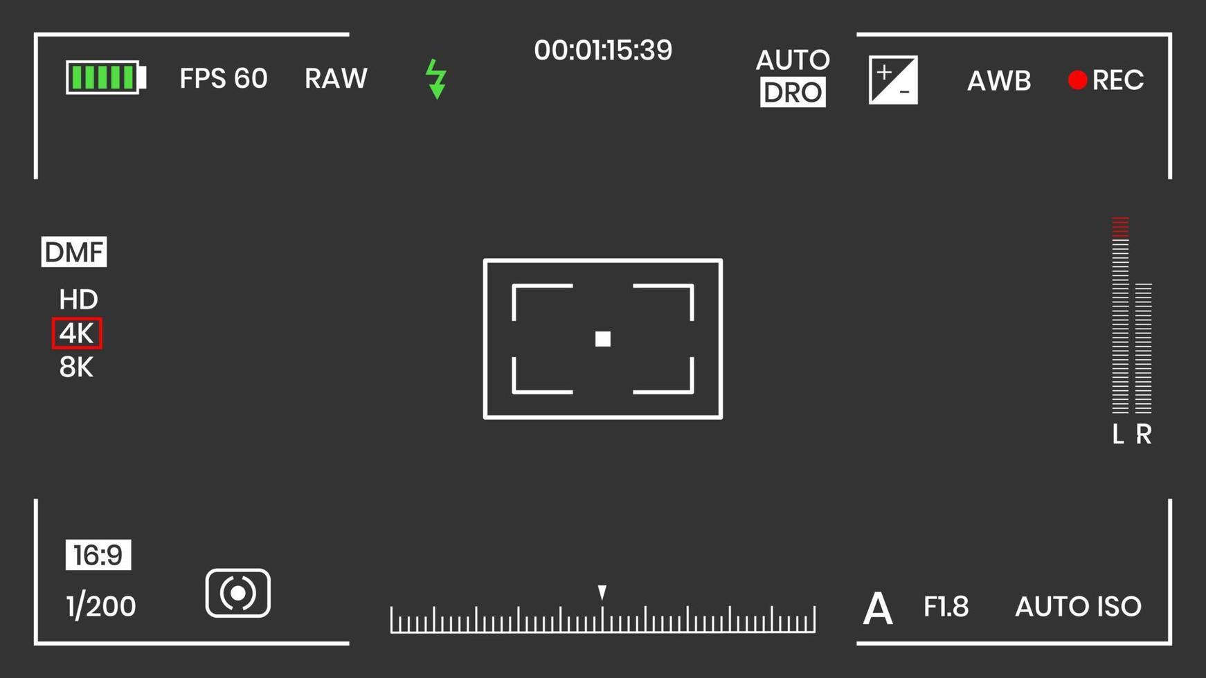 Kamera-Sucher-Video- oder Fotorahmen-Recorder flache Design-Vektorillustration. digitalkamera-sucher mit belichtungseinstellungen und fokussiergittervorlage. vektor