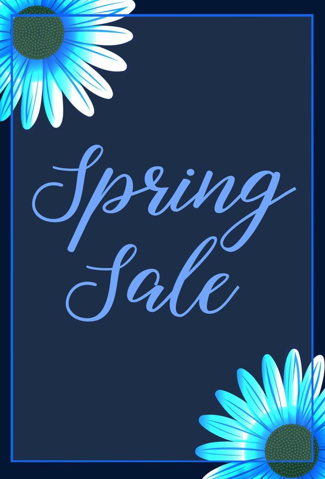 Frühjahrsverkauf mit Gänseblümchen blühen auf blauem Hintergrund vektor