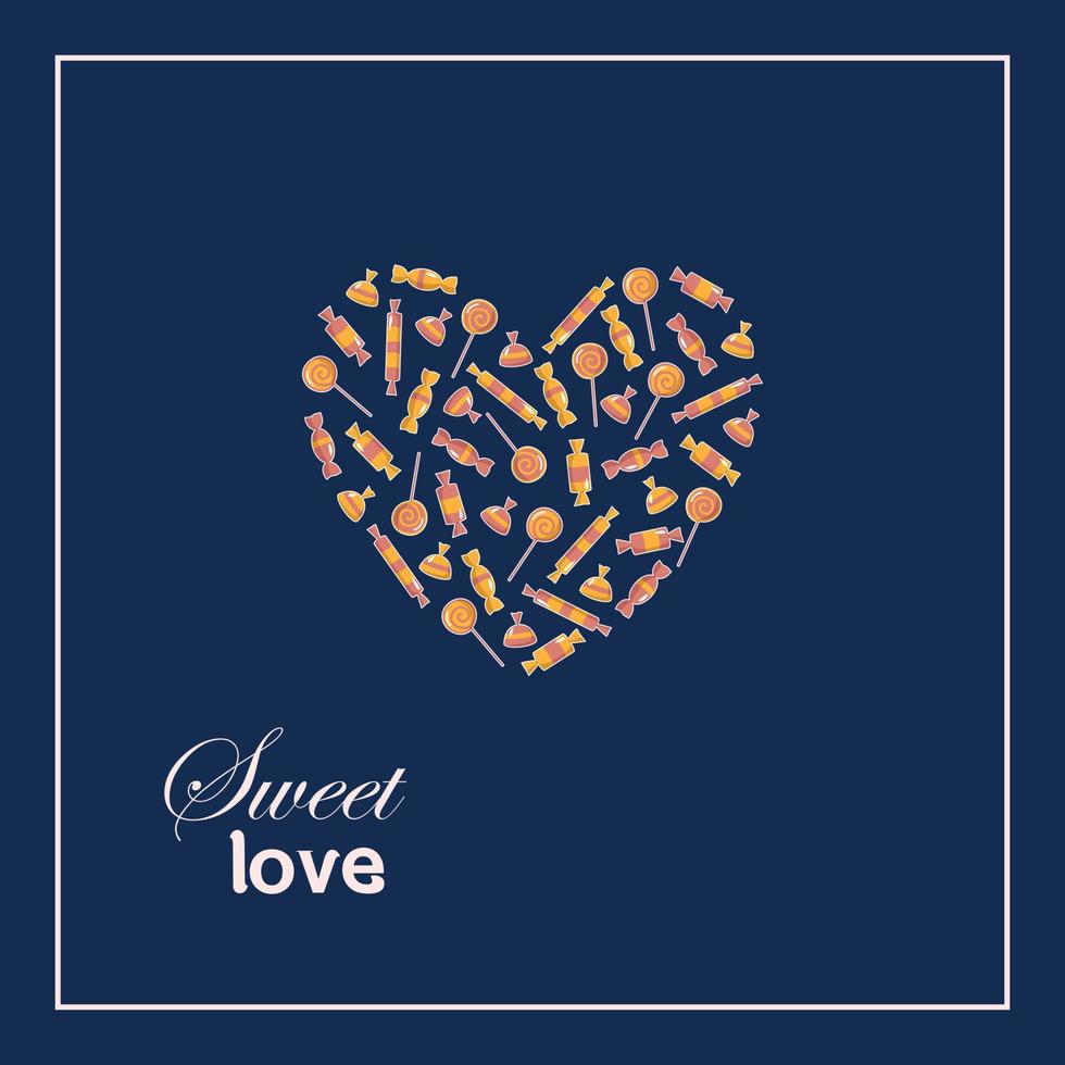 Valentinstag-Grußkarte mit Lutschern und Süßigkeiten, Vektor auf dunkelblauem Hintergrund
