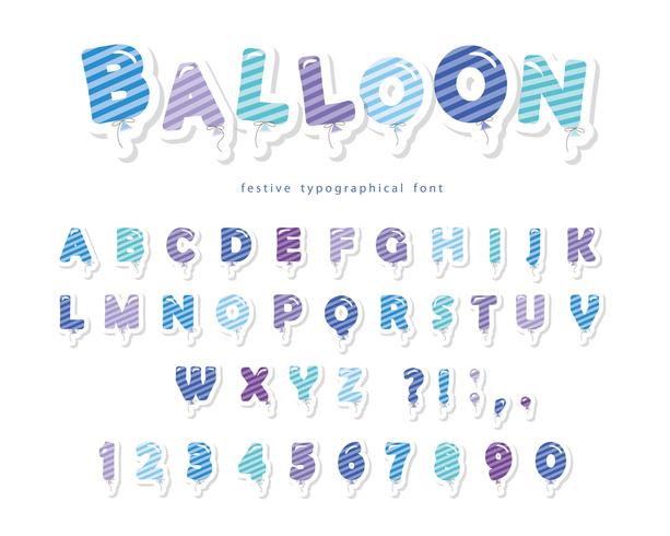 Ballon gestrippt blaue Schrift. Niedliche ABC Buchstaben und Zahlen vektor