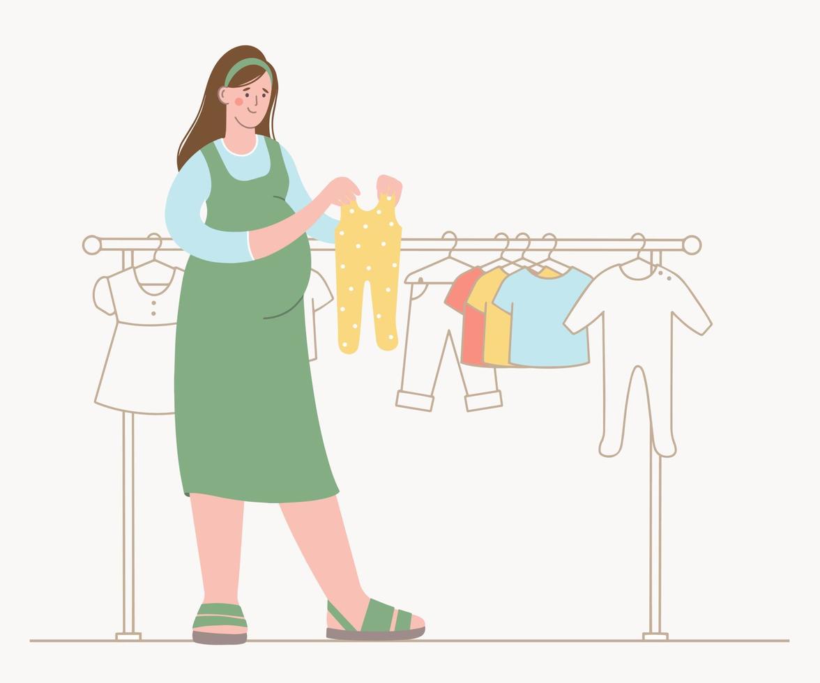 gravid kvinna handlar för sitt nya barn. väljer barnkläder i butik vektor