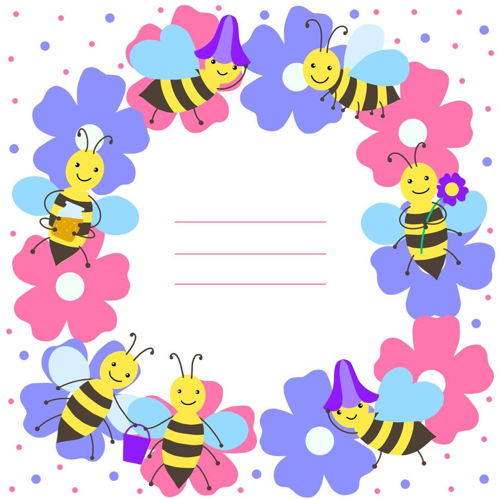 Rahmen mit lustigen Bienen und Blumen vektor