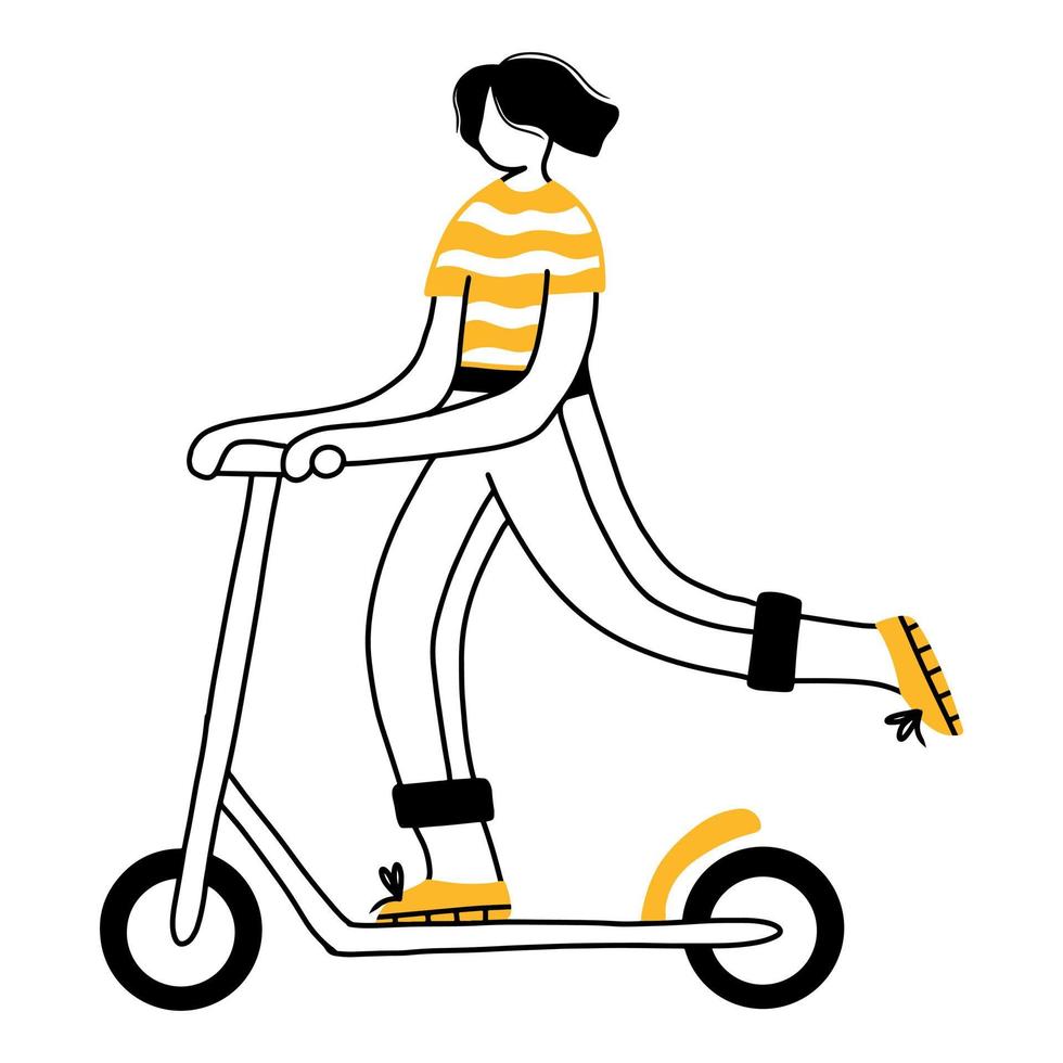Das Mädchen fährt einen Roller. vektorillustration im gekritzelstil. umweltfreundlicher transport. auf einem Roller laufen. vektor