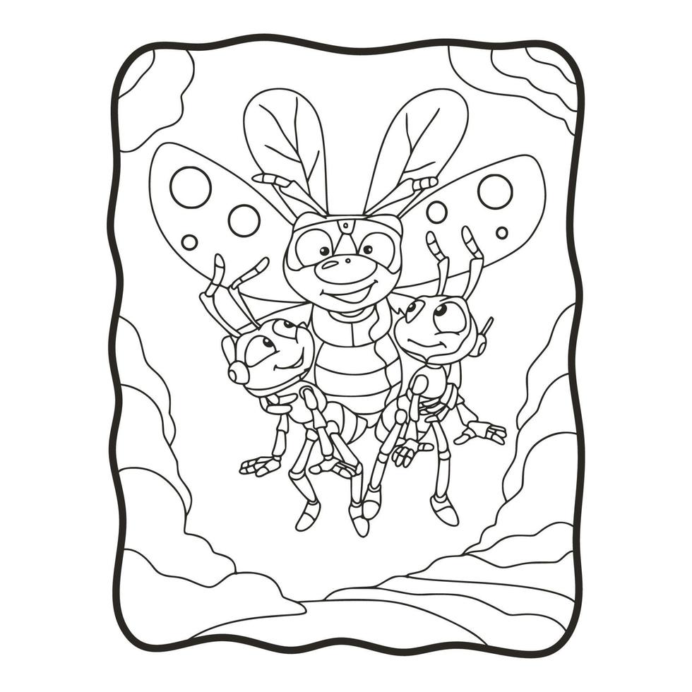 tecknad illustration flygande bin bär 2 myror målarbok eller sida för barn svart och vitt vektor