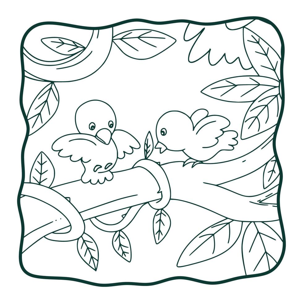 tecknad illustration två fåglar är på en trädstam målarbok eller sida för barn svart och vitt vektor