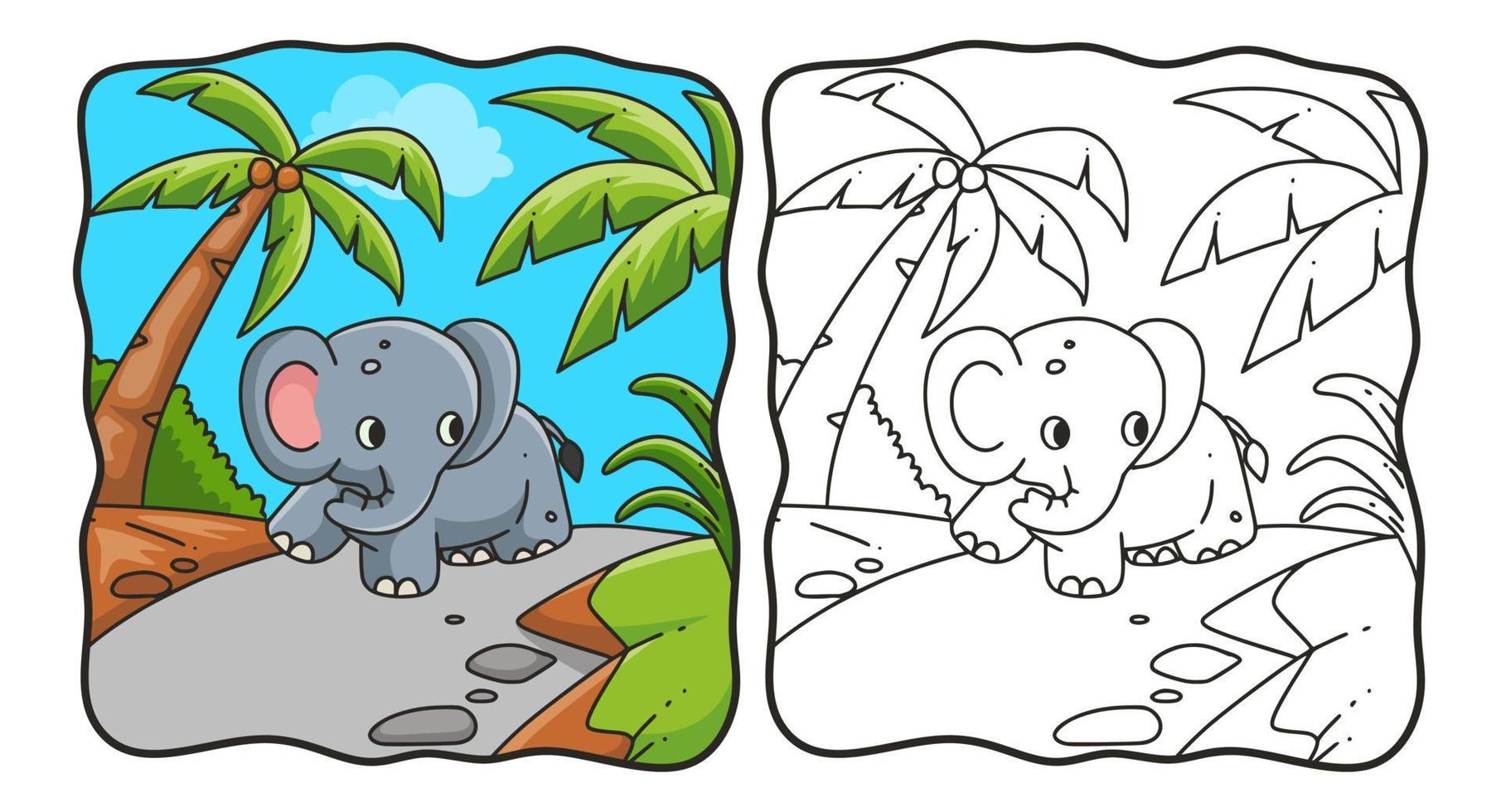 tecknad illustration elefant promenader i skogen målarbok eller sida för barn vektor