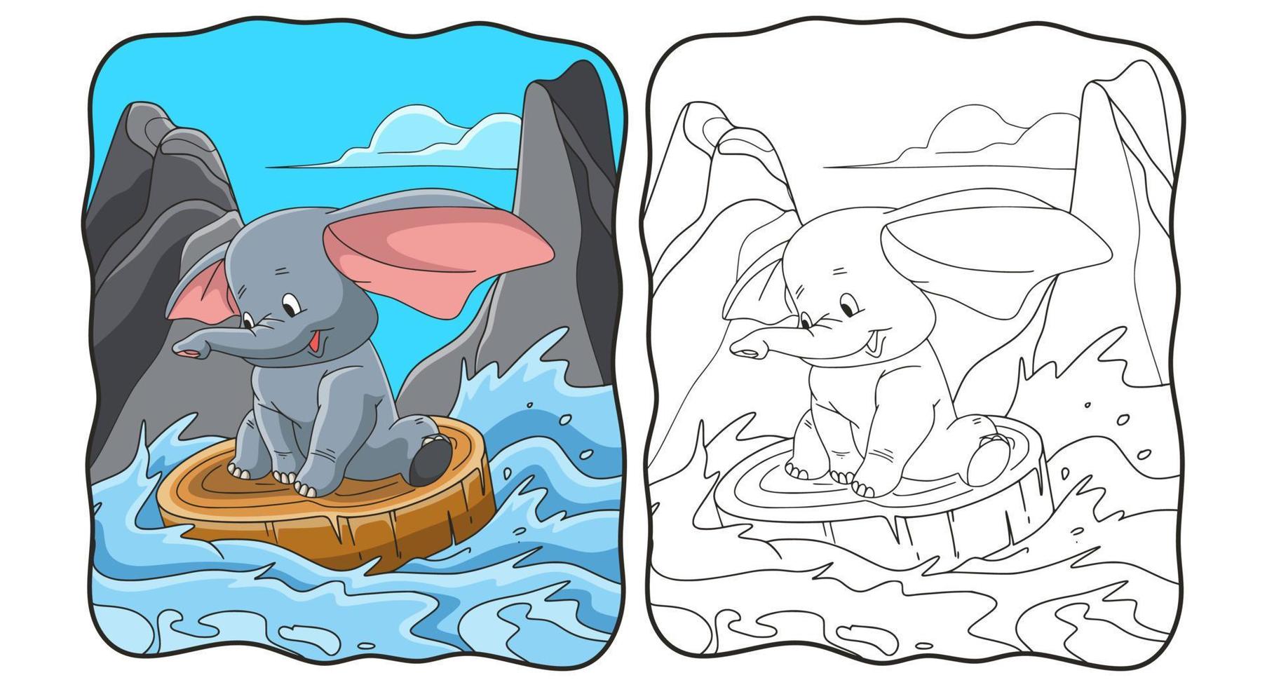 tecknad illustration elefant drar trä flyter i floden bok eller sida för barn vektor