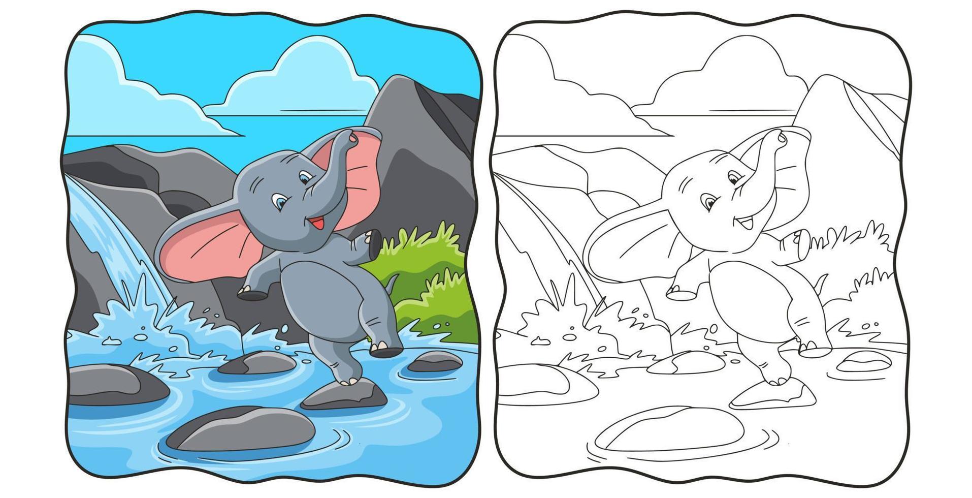tecknad illustration elefant hoppar på floden rock bok eller sida för barn vektor