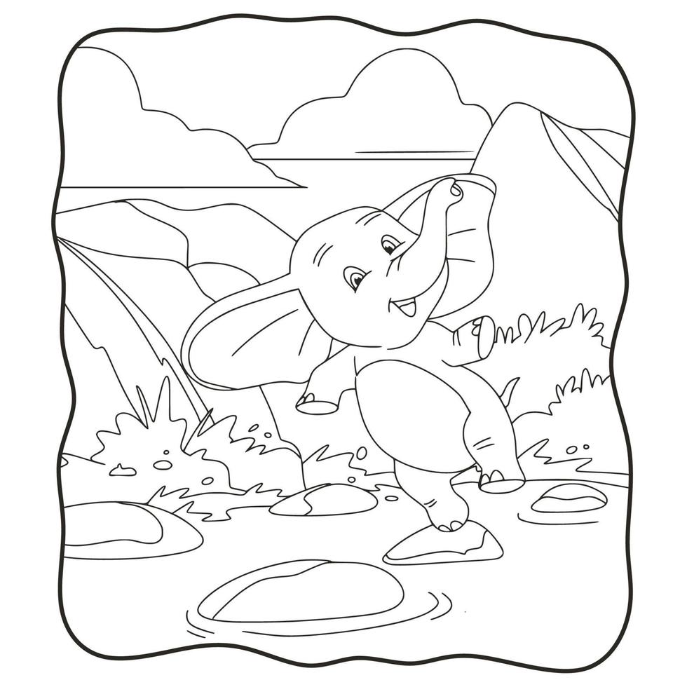 tecknad illustration elefant hoppar på floden rock bok eller sida för barn svart och vitt vektor
